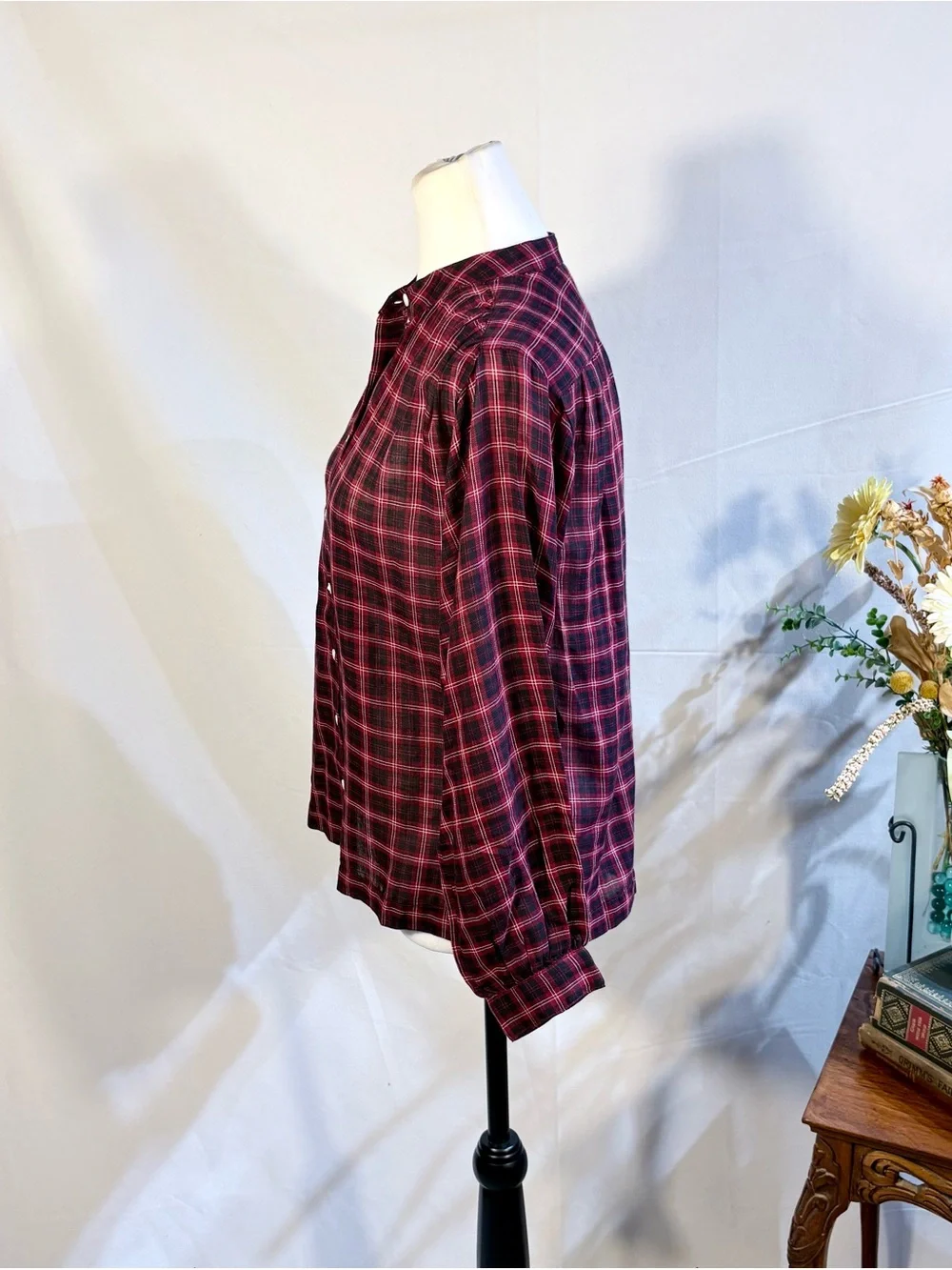 💥DÔEN Breena Top Rouge Countryside Plaid Gathered Blouse Red Black Sz S🧡